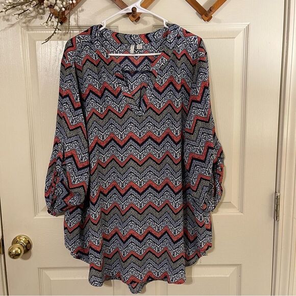 Vibrant Blue and Red Boxy Blouse with Bell Sleeves - Picture 1 of 6